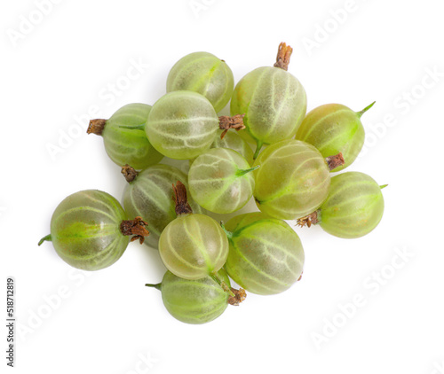 Pile of fresh ripe gooseberries on white background, top view