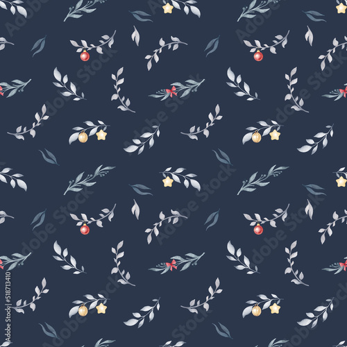Watercolor hand drawn seamless pattern with winter decorative twigs, branches, leaves. Branches with Christmas decorations, balls, icicles, stars isolated on dark background. New year illustrations.