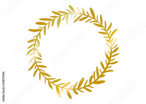 ゴージャスなメタリックのボタニカルフレーム　オリーブの葉　円形　ゴールド