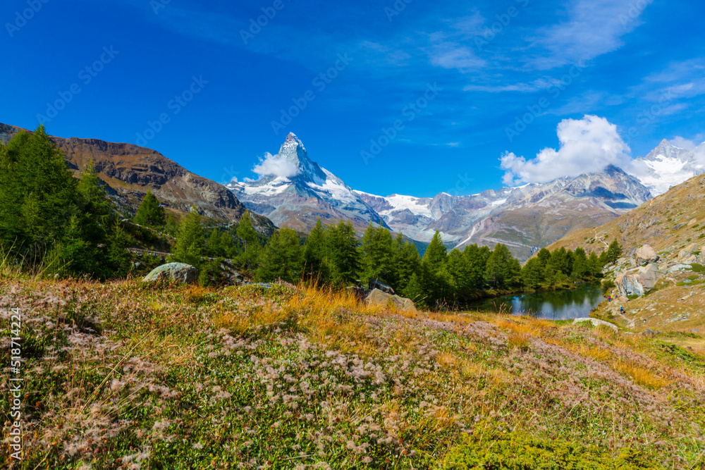 Beautiful landscape in the Swiss Alps in summer, with Matterhorn in the background