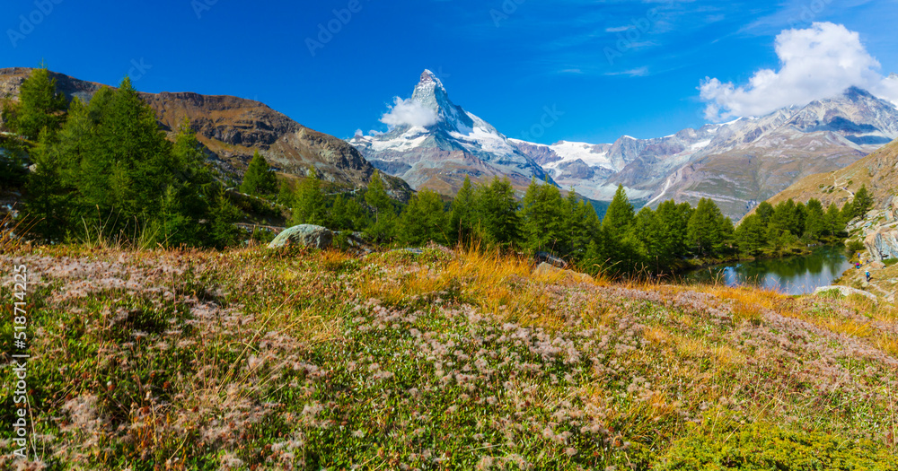 Beautiful landscape in the Swiss Alps in summer, with Matterhorn in the background