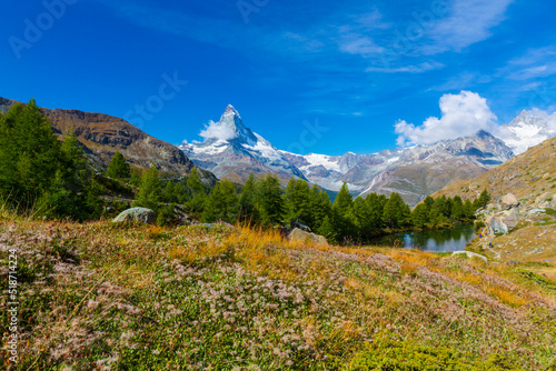 Beautiful landscape in the Swiss Alps in summer  with Matterhorn in the background