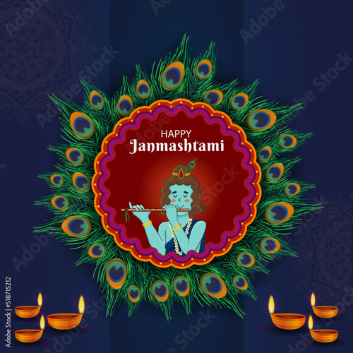 Happy Krishna Janmashtami peacock feathers background with Lord Krishna Playing flute. Blue color Mandala Festival Poster. Greeting card, banner, social media post flat vector illustration promotion