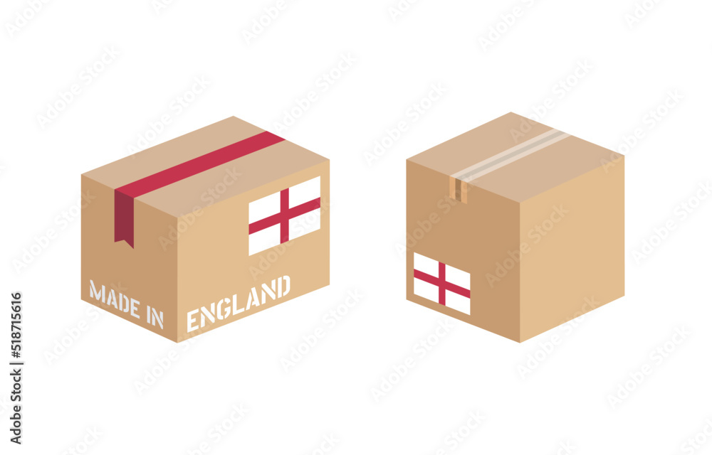 Fototapeta premium box with England flag icon set, cardboard delivery package made in England