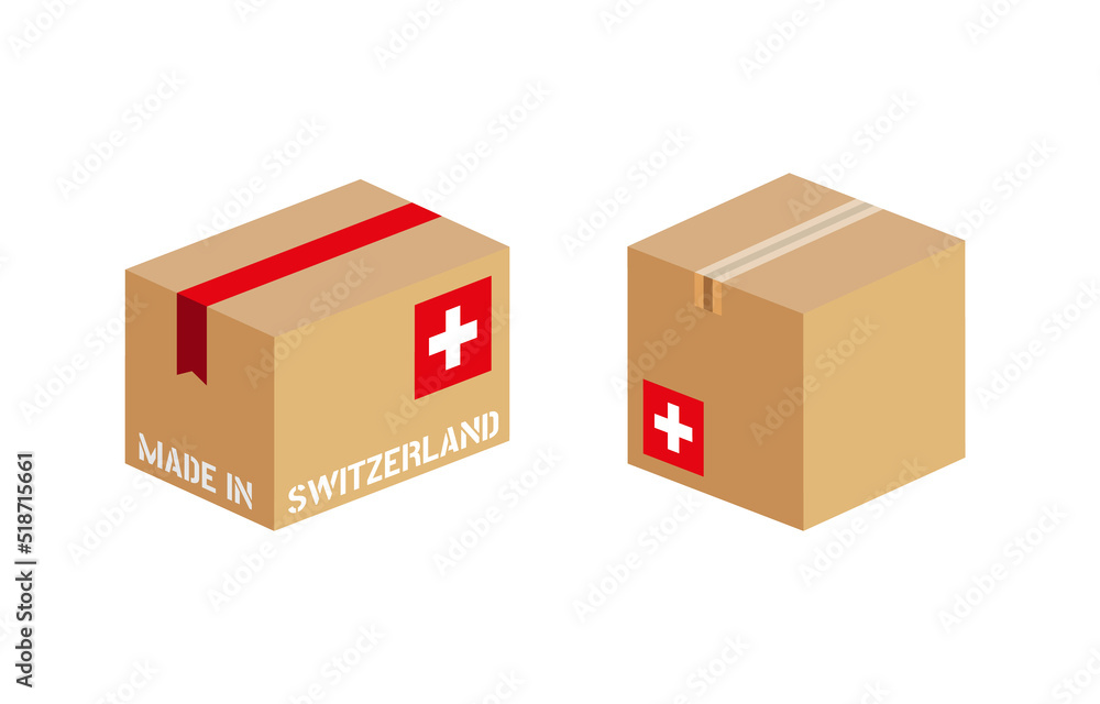 box with Switzerland flag icon set, cardboard delivery package Swiss made box with Switzerland flag icon set, cardboard delivery package Swiss made