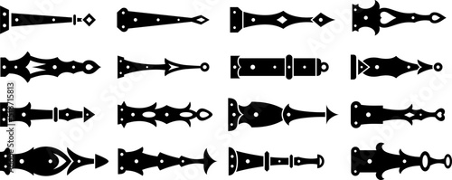 Decorative antique black arrow hinges set vector flat illustration. Vintage accents for garage