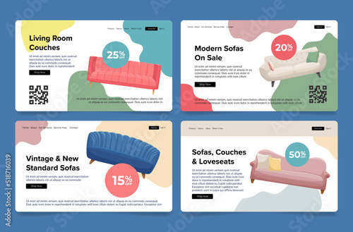 Vintage modern interior furniture comfortable sofa couch shop sale discount landing page set vector