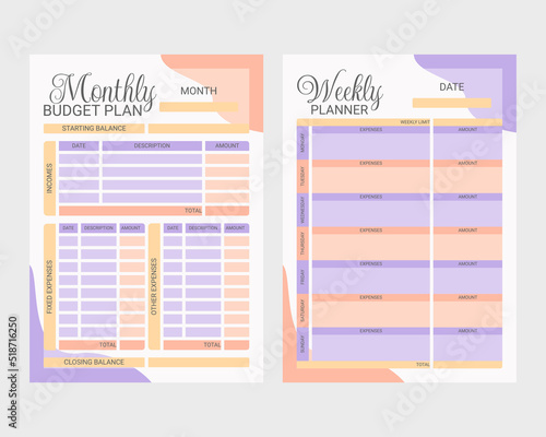 Vector personal budget planner in A4 format for a month and a week. Planning, finance, income and expenses.
