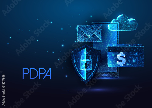 PDPA personal data protection act concept with phone, shield, credit card, mail on dark blue 