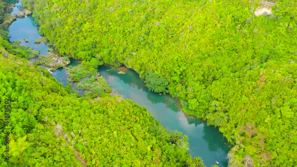 River in the mountain jungle covered with green trees. Loboc river in a rainforest in a mountain canyon. Bohol, Philippines. River in the mountain jungle covered with green trees. Loboc river in a rainforest in a mountain canyon. Bohol, Philippines.