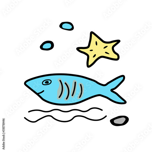 Sea fish star,algae, waves, stones. Vector illustration