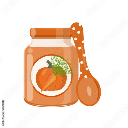 Carrot pumpkin baby food puree in glass jar with polka dot spoon, vector illustration isolated on white background