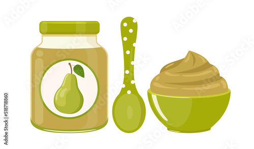 Pear baby food puree in glass jar with polka dot spoon and bowl, vector illustration isolated on white background