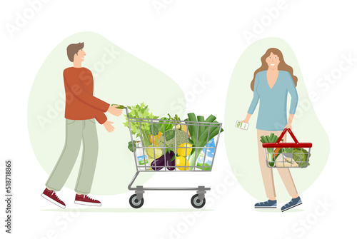 Young man and woman shoppers with shopping cart and basket with organic farm products, vegetables and fruits in grocery store. Healthy food products with character, vector illustration
