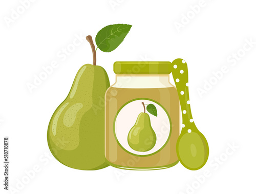 Pear baby food puree in glass jar with spoon and fresh pear, vector illustration isolated on white background