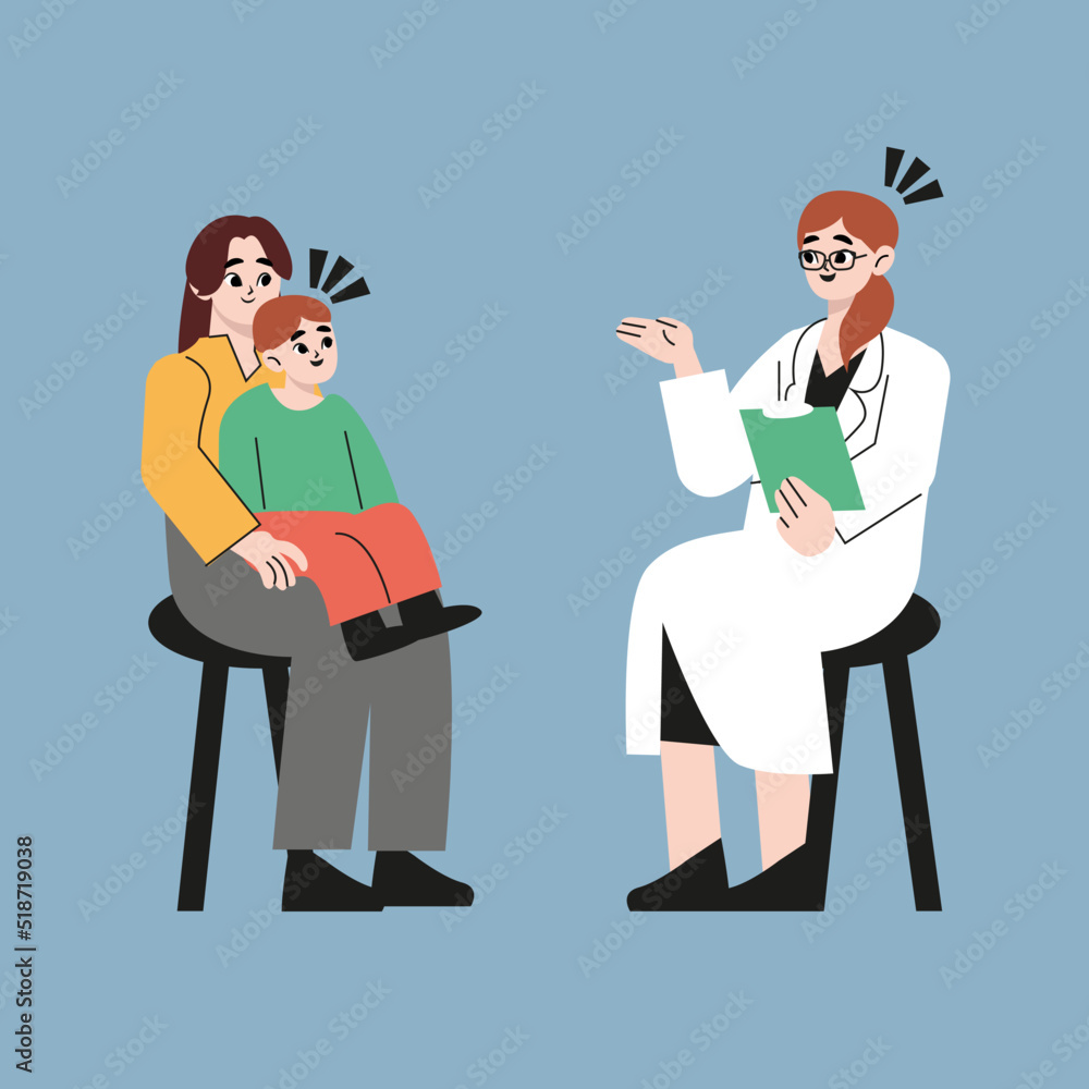 At the reception at the pediatrician. The doctor talking to woman and kid who sits in on her mother's lap. Flat drawn style vector design illustrations.