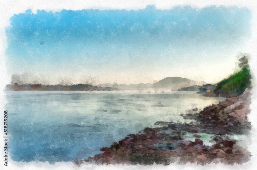 Mekong river landscape of Thailand watercolor style illustration impressionist painting. Mekong river landscape of Thailand watercolor style illustration impressionist painting.