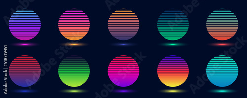 Set of badges abstract gradient colorful circles isolated on dark background retro 70s 80s style