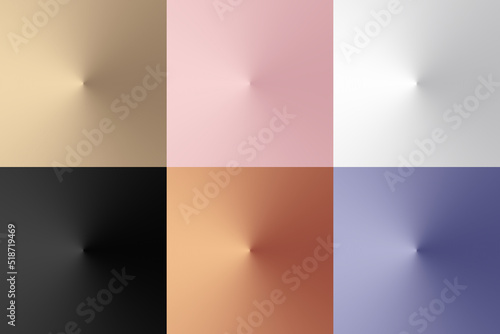 Set of 3D conical golden, pink gold, white, black, copper, purple color gradient radial background luxury style