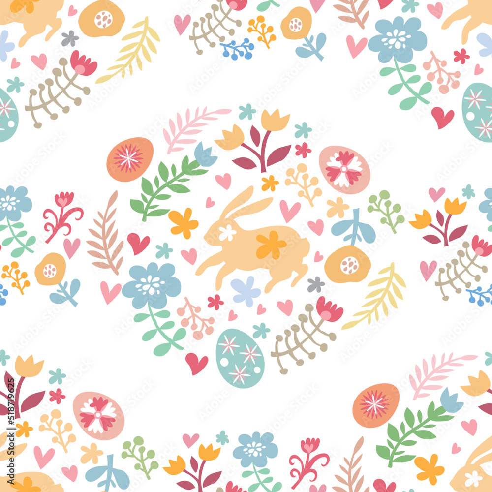 Easter Beautiful festive seamless pattern with easter eggs, cute bunny, funny rabbit, spring meadow flowers. Cute spring floral background, paper, textile, covers, banner Vector Easter Beautiful festive seamless pattern with easter eggs, cute bunny, funny rabbit, spring meadow flowers. Cute spring floral background, paper, textile, covers, banner Vector