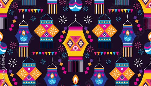 Traditional Indian festival Diwali seamless pattern Happy Festival of lights Deepavali Template for textile, paper, cover Festive Burning diya graphic background Vector abstract flat illustration