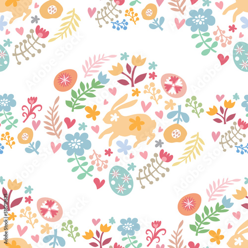 Easter Beautiful festive seamless pattern with easter eggs  cute bunny  funny rabbit  spring meadow flowers. Cute spring floral background  paper  textile  covers  banner Vector
