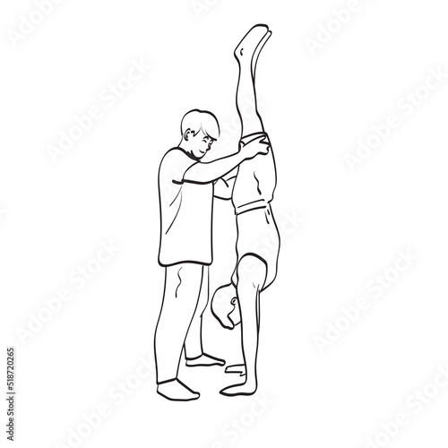 Full length of male instructor assisting man in practicing handstand illustration vector hand drawn isolated on white background line art.