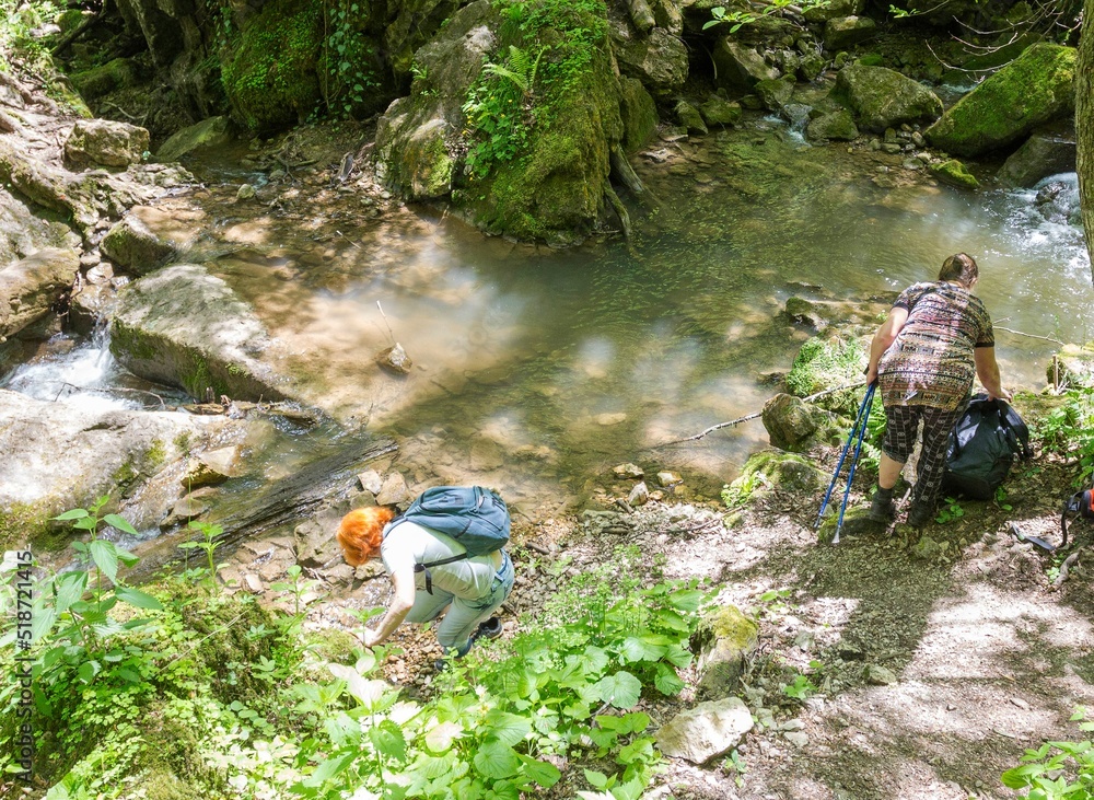 Mountain river, sources in the canyon of the stone bed, panorama of the area, summer season, in nature Mountain river, sources in the canyon of the stone bed, panorama of the area, summer season, in nature