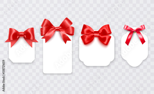 Tags with Red bows. Blank white price paper labels with Red ribbons for christmas, birthday or wedding packaging gift vector realistic isolated templates collection