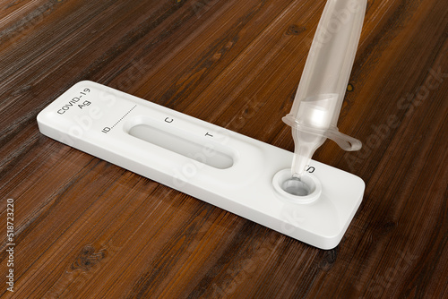 3d representation of the Covid-19 nasal swab test kits or Sars-Cov-2 antigen is exhibited on a wooden backdrop.
