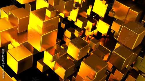 Abstract background 3D, many gold cubes with neon golden glow on black interesting science technology background, 3D render illustration.