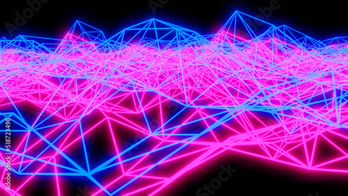 Abstract technology background with neon glowing purple blue lines on black, science graph, diagram, 3D striped render background.