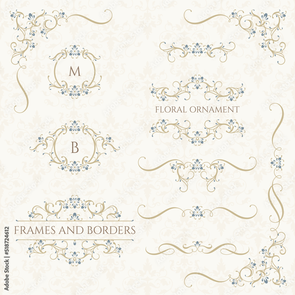 Set of decorative elements with blue flowers. Set of decorative elements with blue flowers.