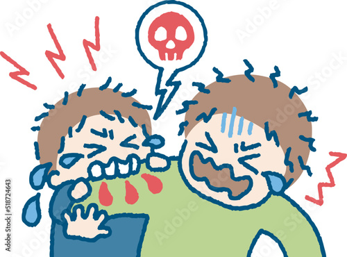 癇癪をおこして大人にかみつく子供のイラスト