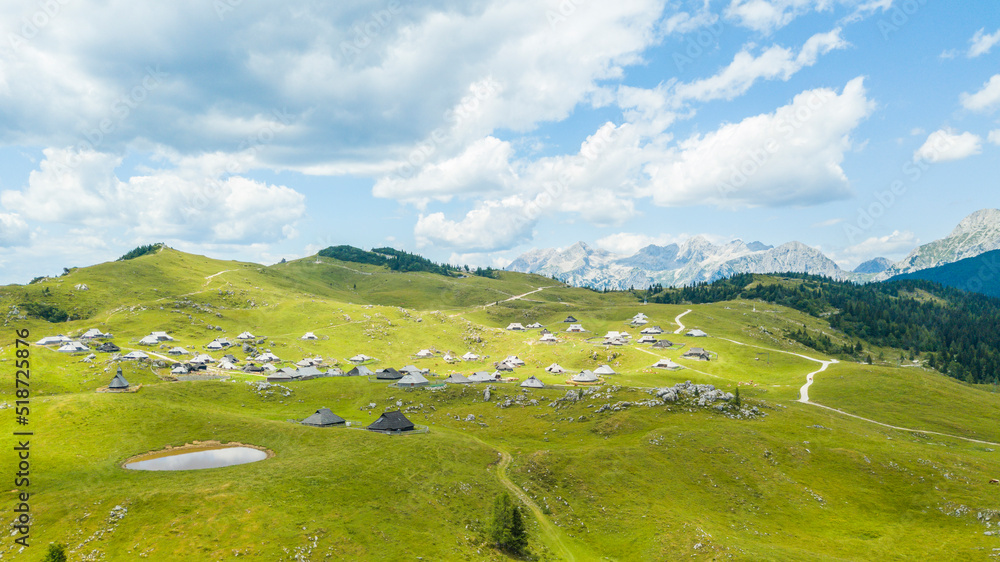 Aerial view of cottages and cows grazing on the edge of Velika planina (Big Pasture Plateau), Kamnik, Slovenia