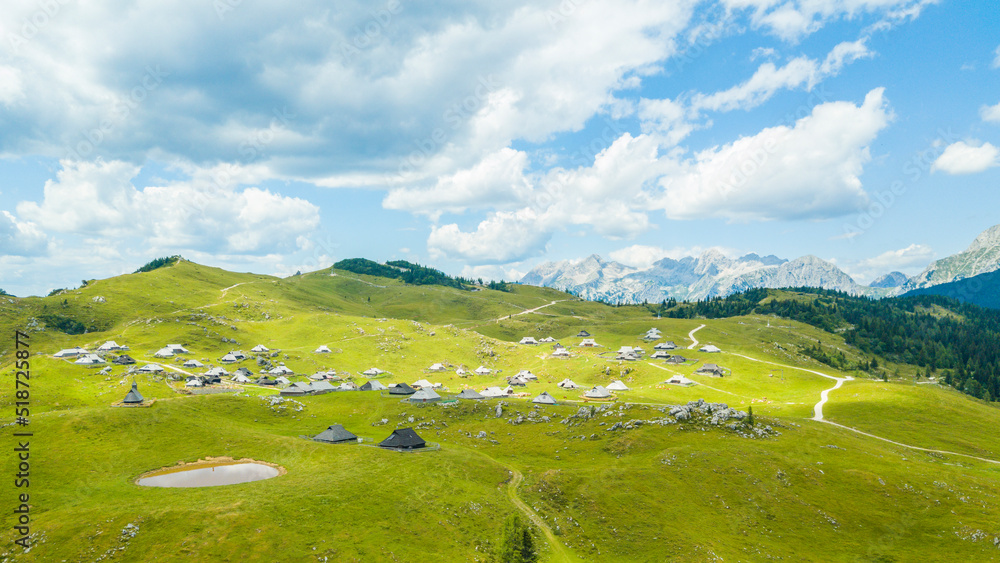 Aerial view of cottages and cows grazing on the edge of Velika planina (Big Pasture Plateau), Kamnik, Slovenia