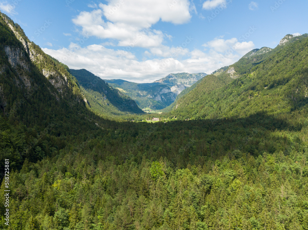 Aerial view of Logar valley (Logarska dolina) Kamnik Savinja Alps, Slovenia, Europe