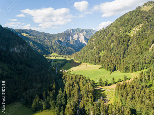 Fototapeta Naklejka Na Ścianę i Meble -  Aerial view of Logar valley (Logarska dolina) Kamnik Savinja Alps, Slovenia, Europe