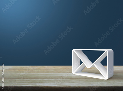 Mail 3d icon on wooden table over light blue wall, Business customer service and support online concept