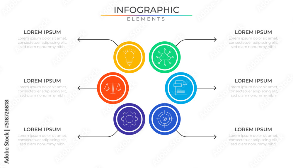 Naklejka premium Workflow circular infographic elements concept design vector with icons. Six steps annual network project template for presentation and report.
