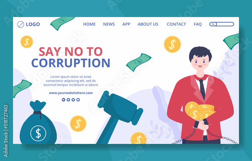 Anti Corruption Social Media Landing Page Template Flat Cartoon Background Vector Illustration