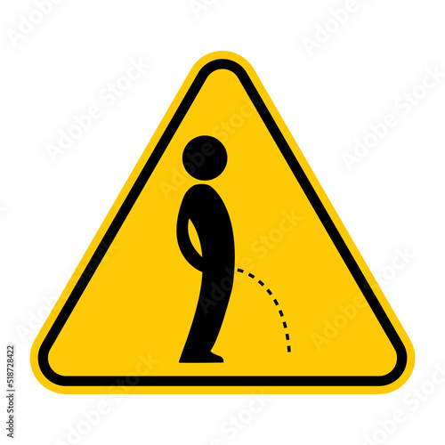 Peeing on the floor sign. Vector illustration of yellow triangle warning sign with man pissing on the floor. Urinating symbol isolated on background. Keep toilet clean. Pee sticker. Caution symbol