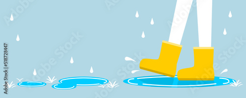 Legs kid wearing yellow boots walking in puddle water rain flat vector design.