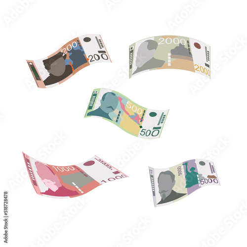 Serbian Dinar Vector Illustration. Serbia, Kosovo money set bundle banknotes. Falling, flying money 200, 500, 1000, 2000, 5000 RSD. Flat style. Isolated on white background. Simple minimal design