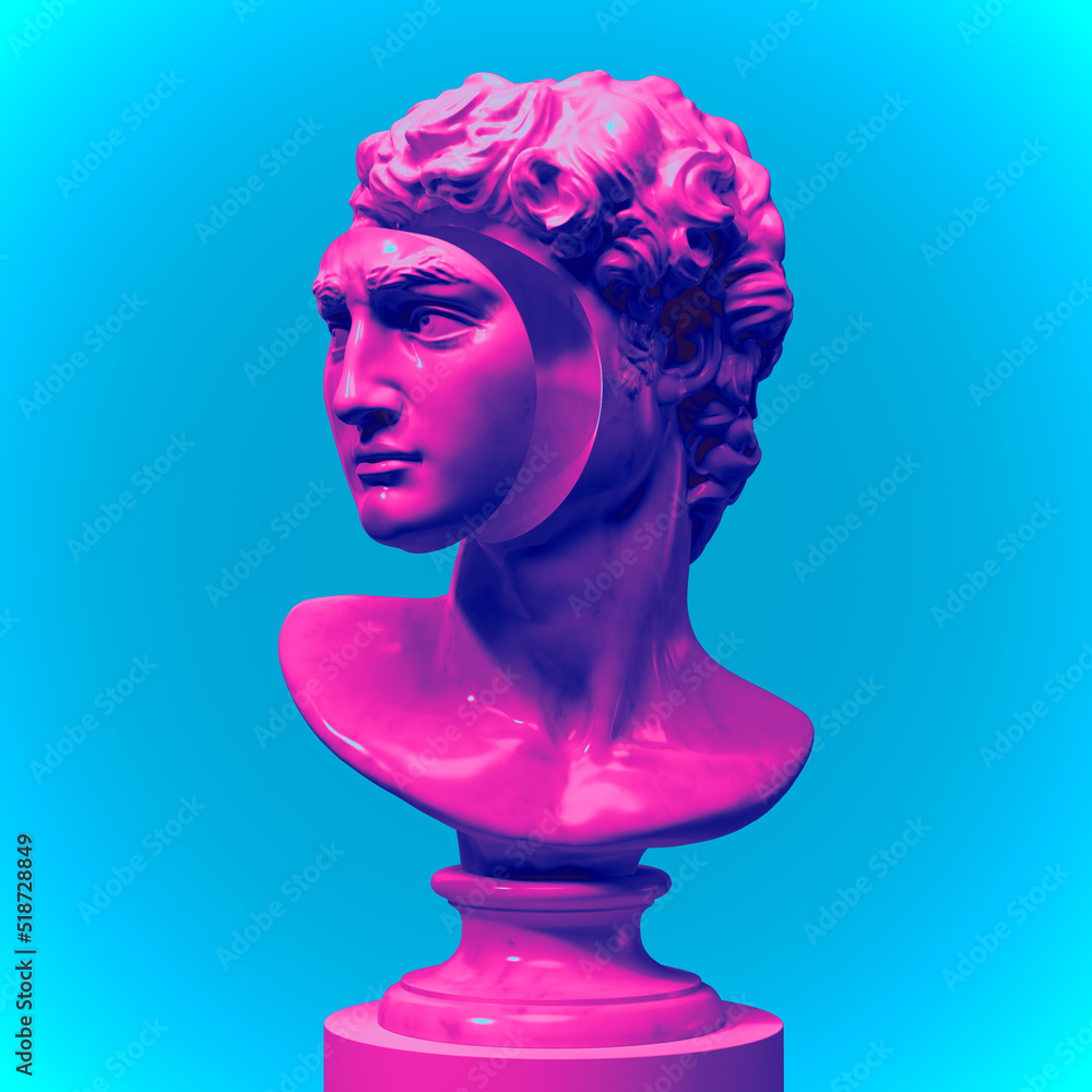 Abstract illustration from 3D rendering of a white marble bust of male classical sculpture with face cut-out and dislocated forwards on a pedestal and isolated on background in vaporwave style colors. Abstract illustration from 3D rendering of a white marble bust of male classical sculpture with face cut-out and dislocated forwards on a pedestal and isolated on background in vaporwave style colors.