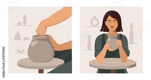 Set of posters for a pottery workshop, ceramics studio. Potter works with a potter's wheel, the process of creating ceramics in the workshop. Vector