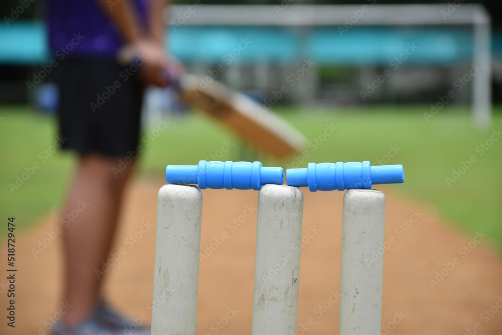 view from behind the wicket of an outdoor cricket training field, soft and selective focus on wickets, blurred cricketer background.