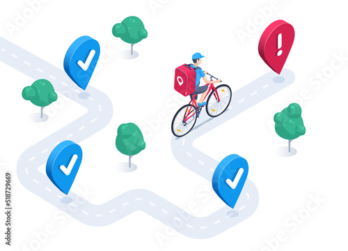 isometric vector illustration on a white background, a man from a delivery service on a bicycle rides on a road with location icons, delivery to addresses