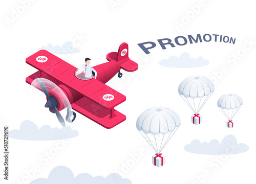 isometric vector illustration on a white background, a man in business clothes flies in a red plane and drops gifts on parachutes, promotion or customer attraction