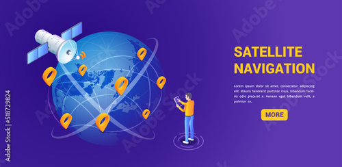 isometric vector image on a dark background, a landing page on the theme of satellite navigation, man with a smartphone is standing near the globe around which a satellite is flying